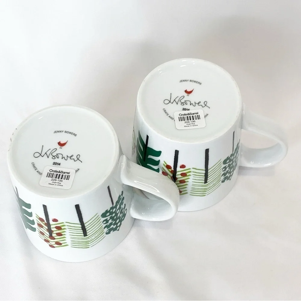 Set of 2 Crate & Barrel “Jingle Mug” Yule Christmas Trees by Julia Rothman NWT
